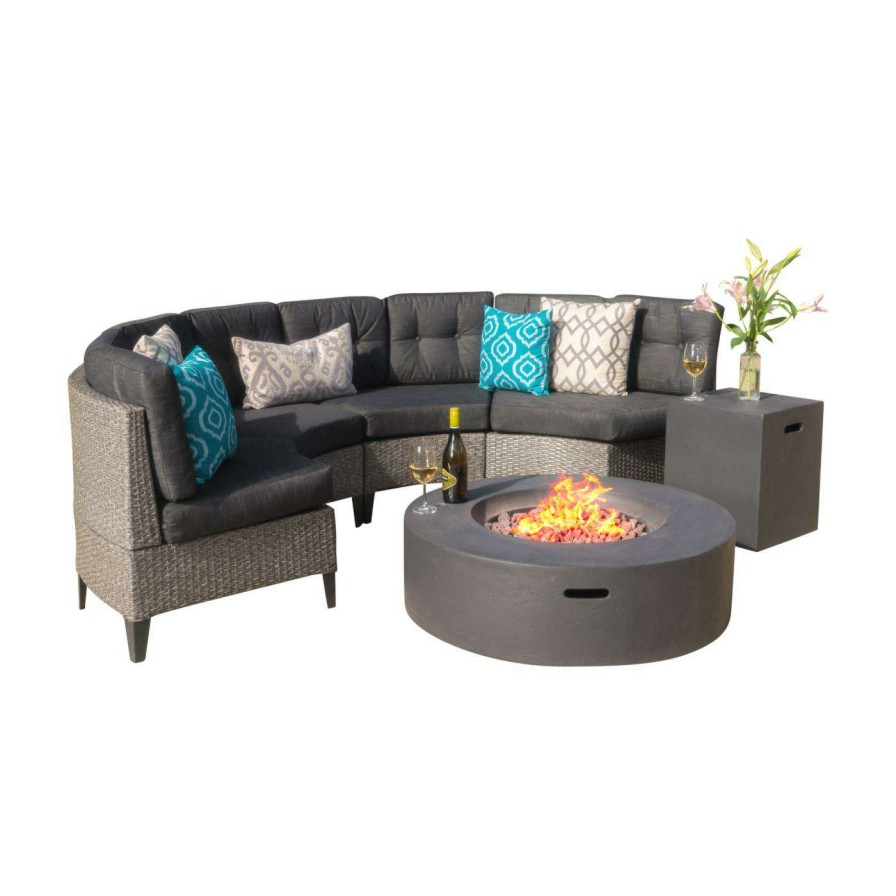 Fire Pit Patio Sets * | New Best Selling Home Conversation Sets Navagio Wicker 6 Piece Half Round Fire Pit Patio Set