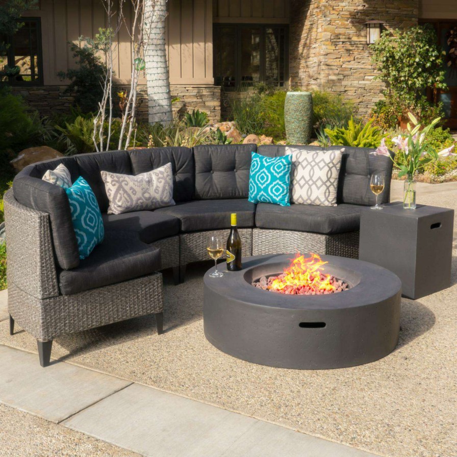 Fire Pit Patio Sets * | New Best Selling Home Conversation Sets Navagio Wicker 6 Piece Half Round Fire Pit Patio Set