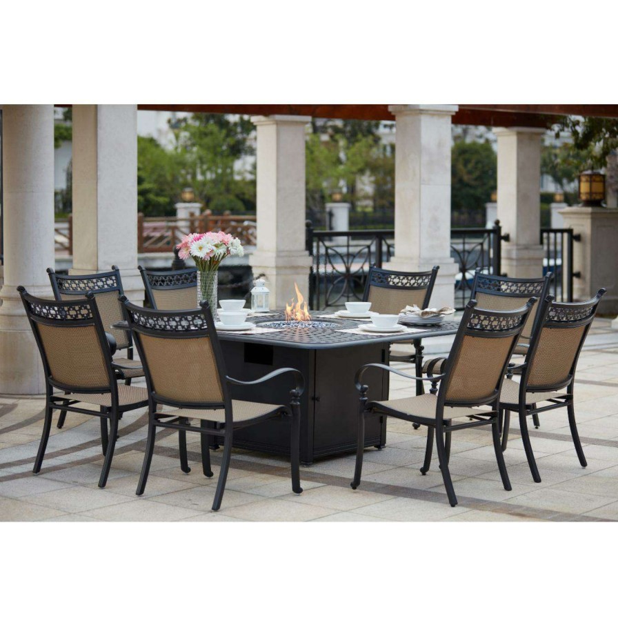 Fire Pit Patio Sets * | Deals Patio Dining Sets Darlee Mountain View 9 Piece Aluminum Square Fire Pit Patio Dining Set