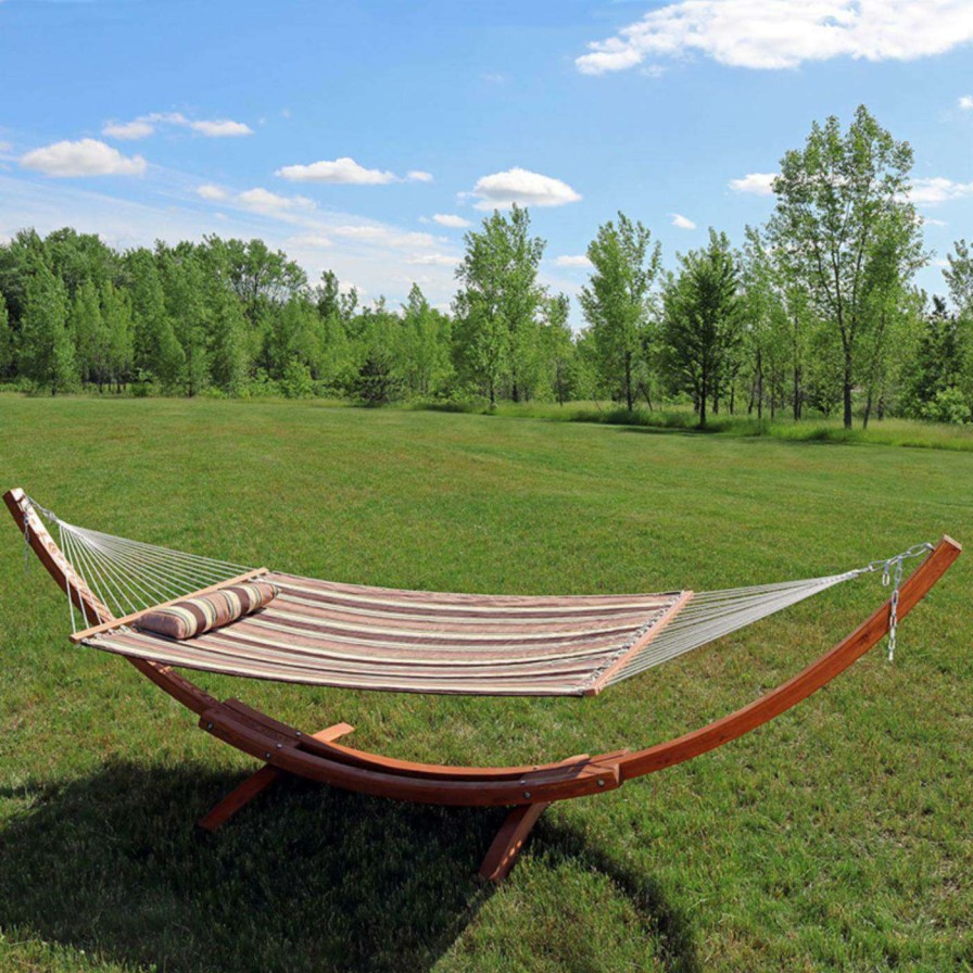 Hammocks * | Brand New Sunnydaze Decor Quilted Double Fabric 13 Ft. Hammock With Curved Arc Wood Stand