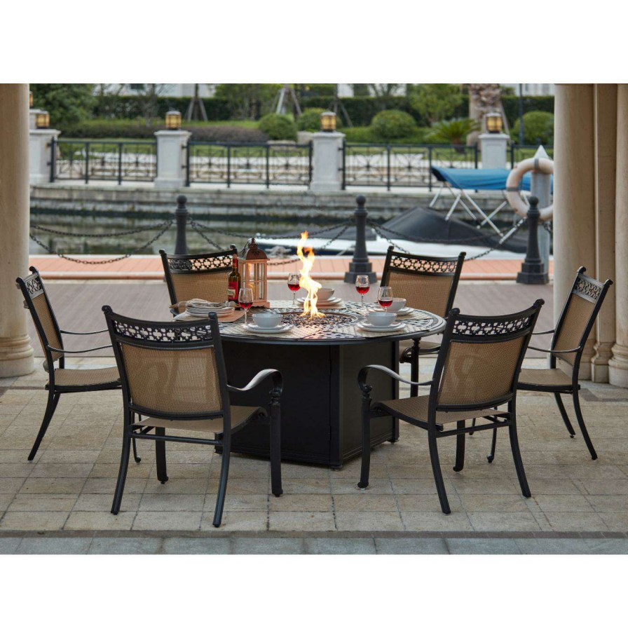 Fire Pit Patio Sets * | Cheap Patio Dining Sets Darlee Mountain View 7 Piece Aluminum Round Fire Pit Patio Dining Set