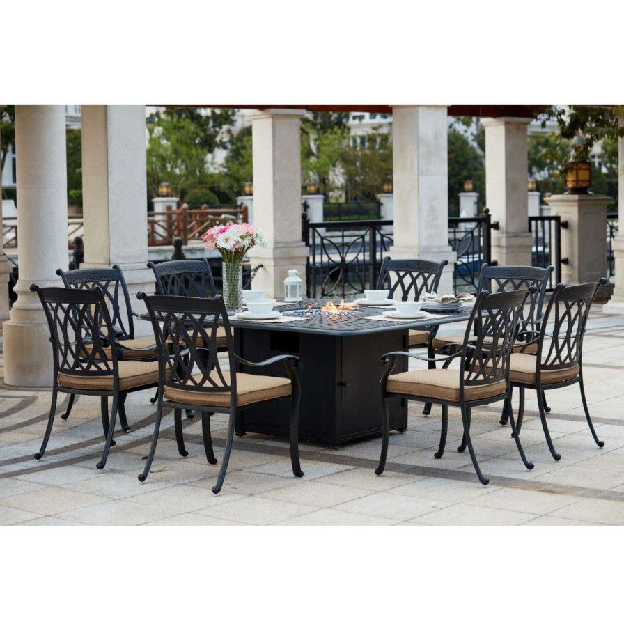 Fire Pit Patio Sets * | Buy Patio Dining Sets Darlee Capri 9 Piece Aluminum Square Fire Pit Patio Dining Set